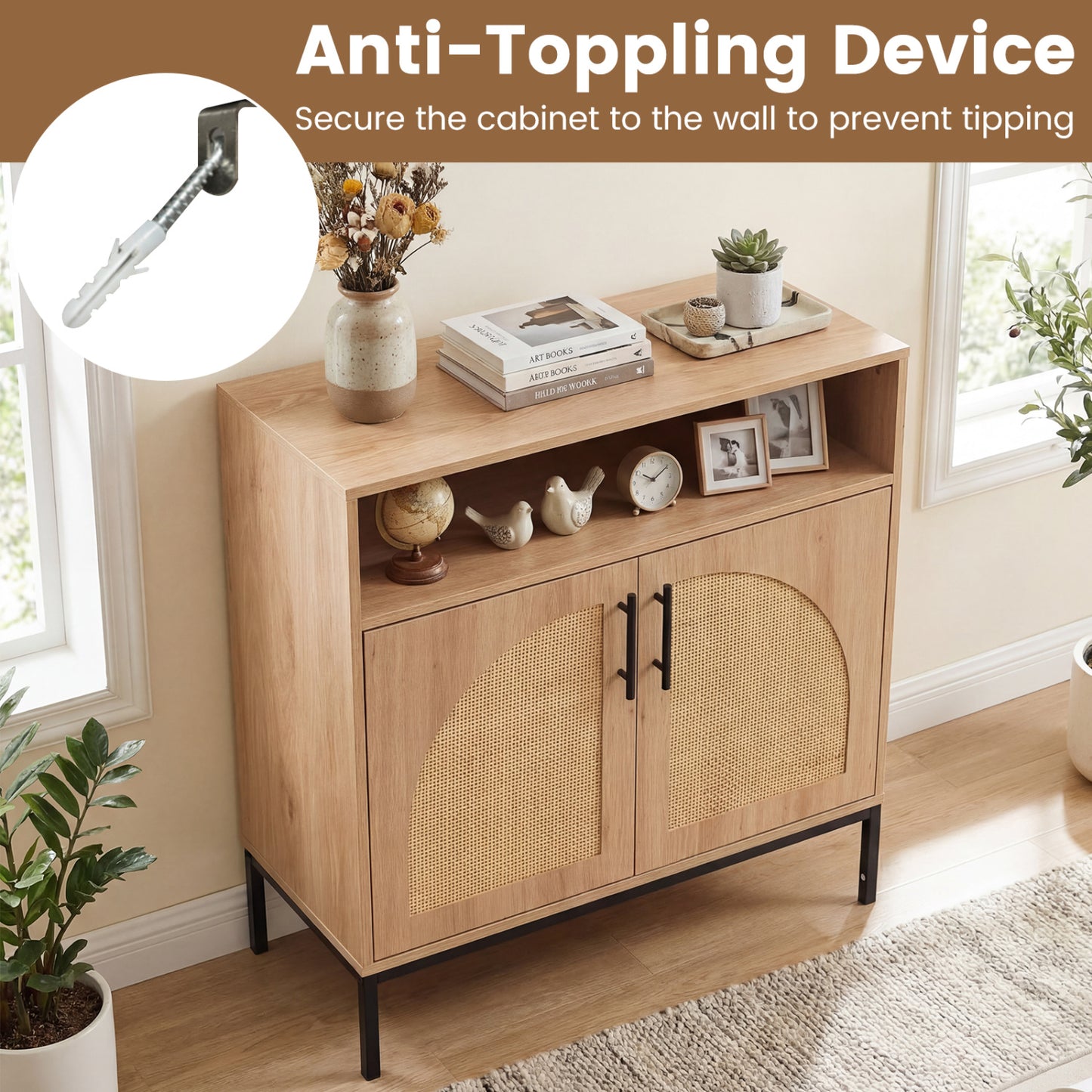 32" Sideboard Buffet Cabinet, 2 Rattan Doors, Adjustable Shelf, Natural Sideboards Cabinets & Buffets at Gallery Canada