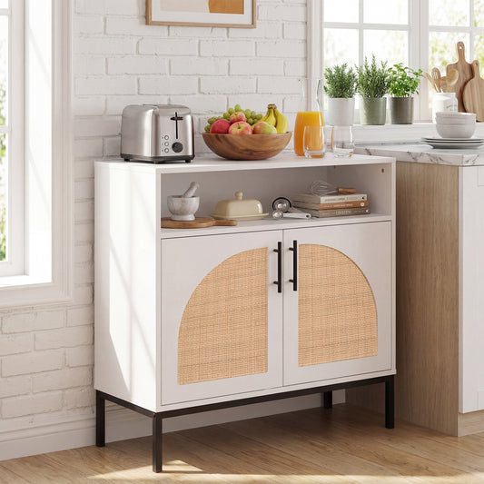32" Sideboard Buffet Cabinet with Rattan Doors, White Sideboards Cabinets & Buffets White at Gallery Canada