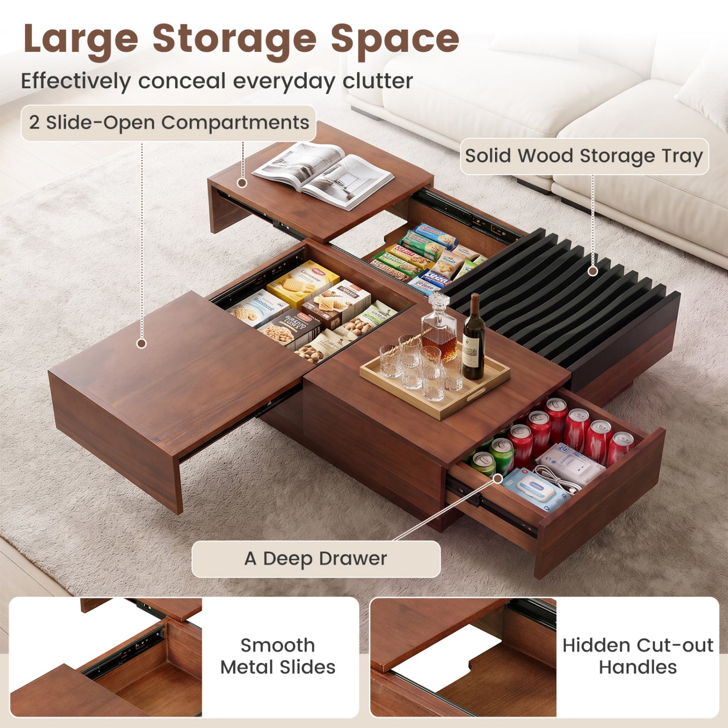 Color-Blocking Coffee Table with Storage Tray, Walnut