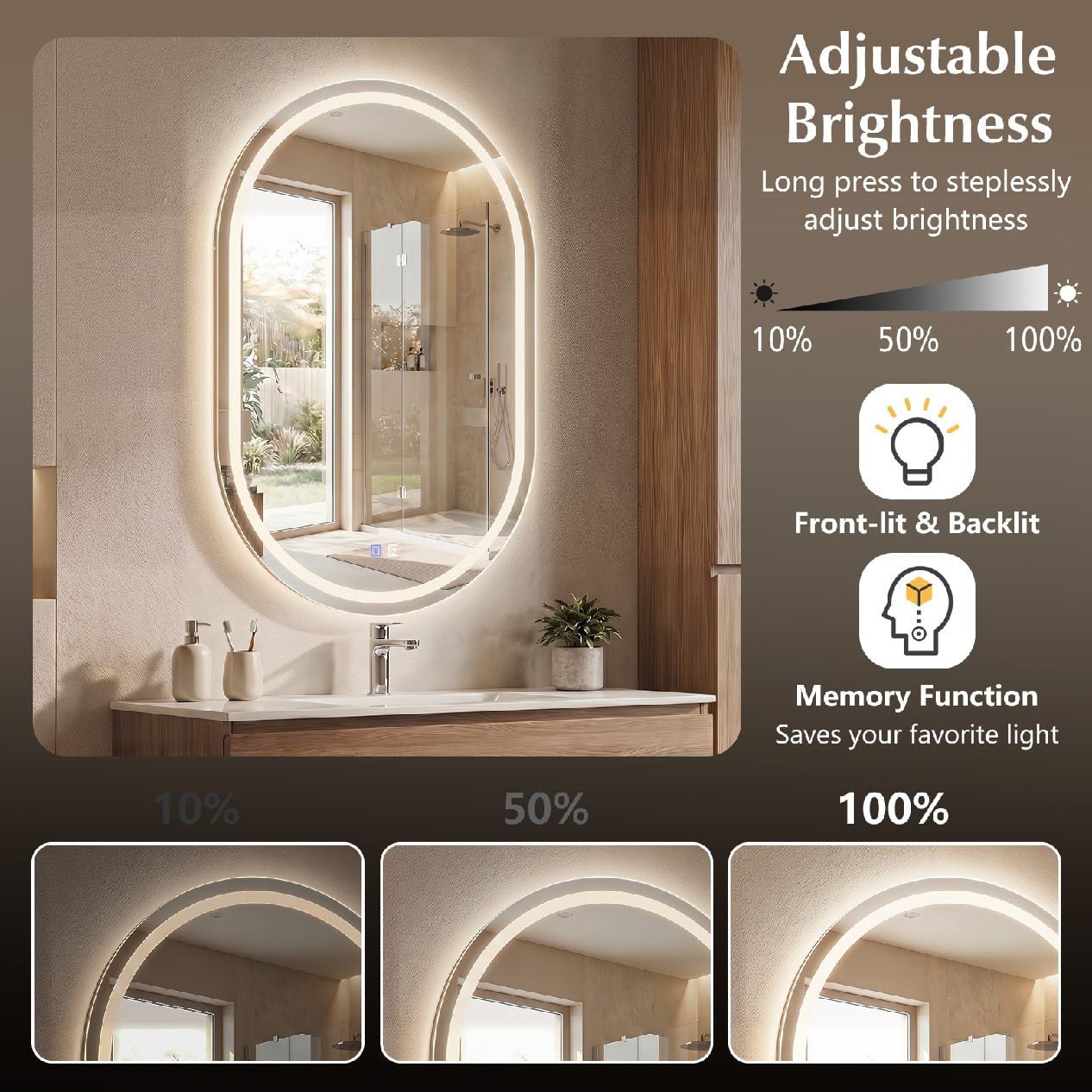 Miroir de salle de bain LED ovale 32x20, rétroéclairé avec 3 couleurs dimmables, argent
