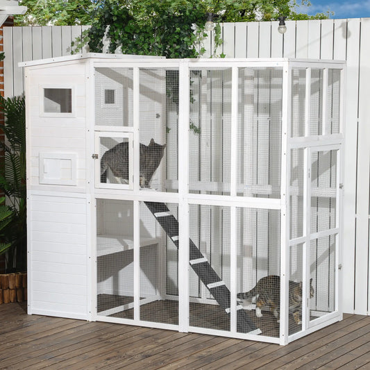 68.7" H Large Wooden Outdoor Cat House with Run, Catio, Condo, White Outdoor Cat Enclosures White at Gallery Canada