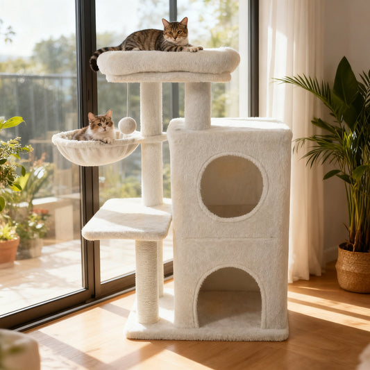 33.5 Inch Cute Kitten Tower with 2-Tier Condo and Padded Top Perch, Beige