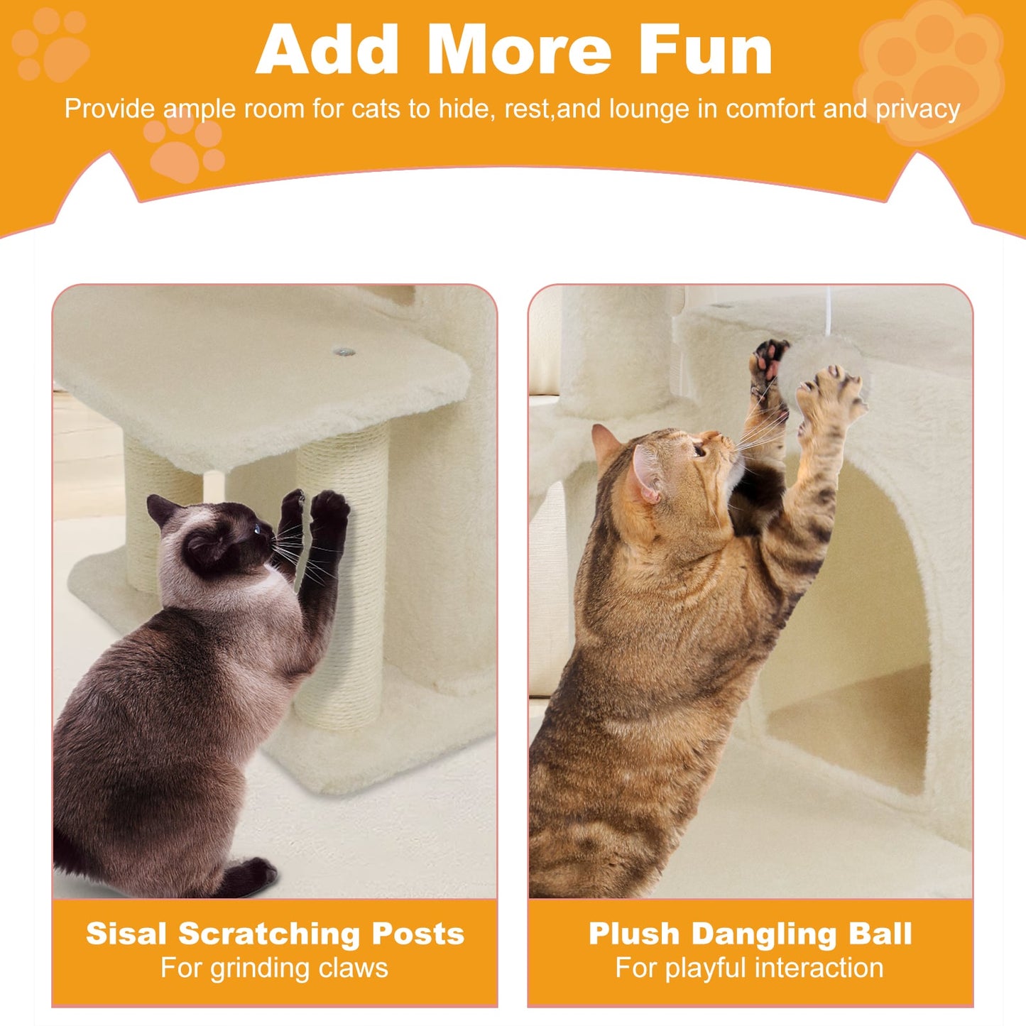 33.5 Inch Cute Kitten Tower with 2-Tier Condo and Padded Top Perch, Beige