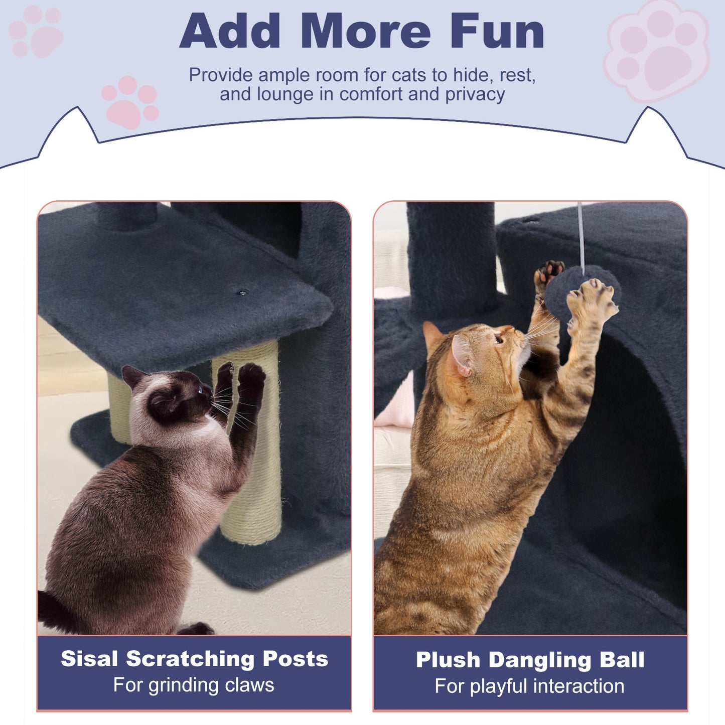 33.5 Inch Cute Kitten Tower with 2-Tier Condo and Padded Top Perch, Dark Gray