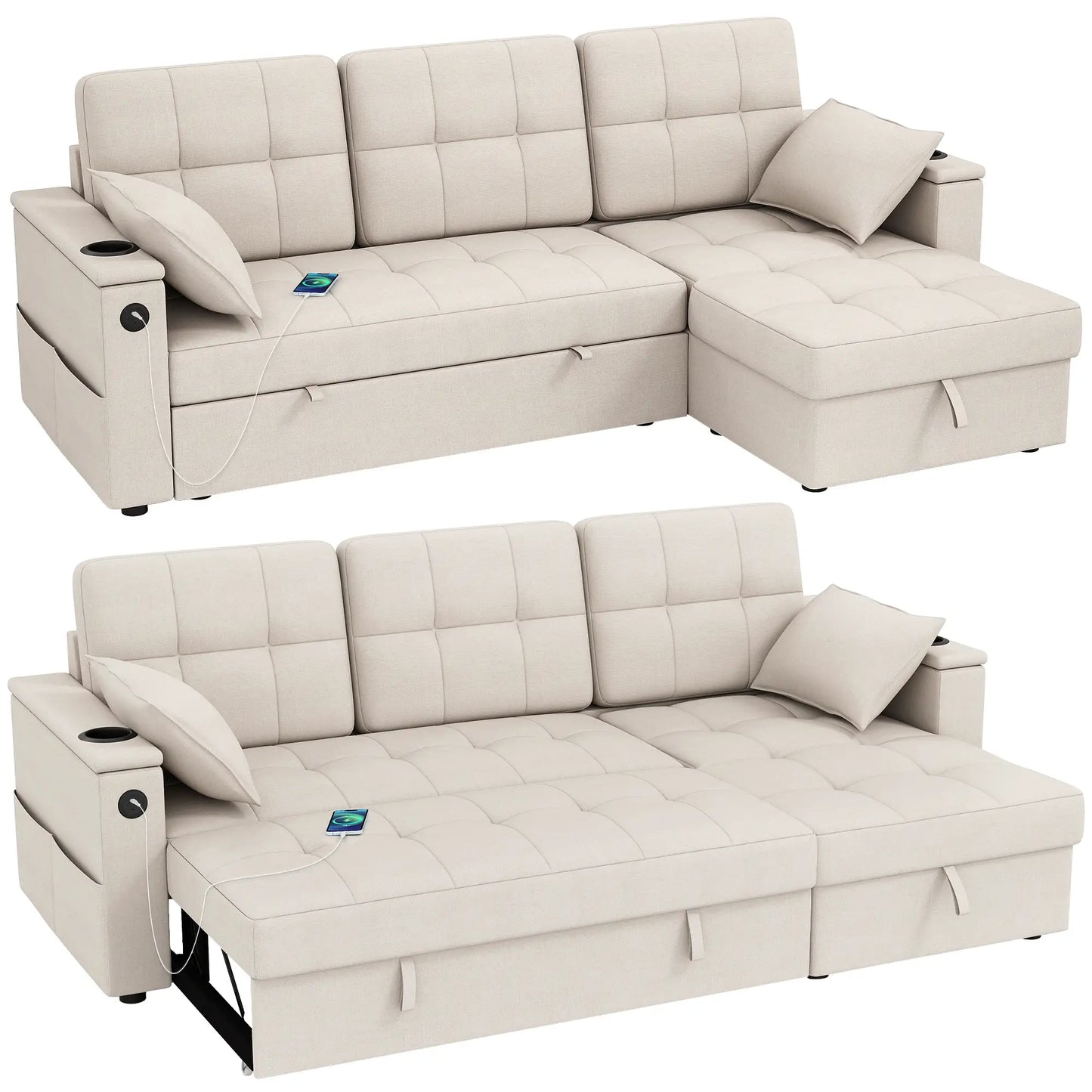 Convertible Sectional Sofa Bed, Pull Out Sleeper With USB‑A+C, Chaise Storage, L-Shaped Futon, Beige Sofas & Reclining Chairs at Gallery Canada