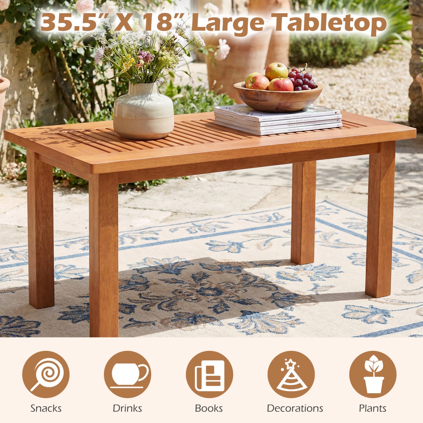 35.5 Inch Outdoor Modern Rectangular Coffee Table with Slatted Top for Backyard Patio Coffee Tables at Gallery Canada