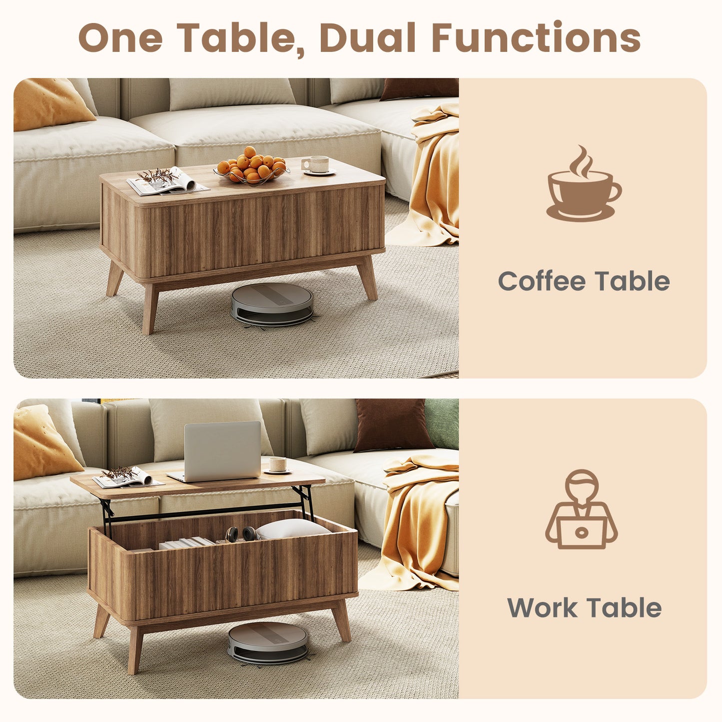 35.5" Rectangle Wooden Fluted Lift Top Coffee Table, Walnut Coffee Tables at Gallery Canada