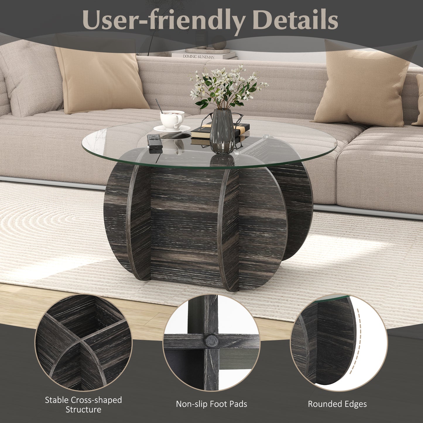 35" Round Coffee Table, Tempered Glass Top, Solid Wood Base, Black End & Side Tables at Gallery Canada