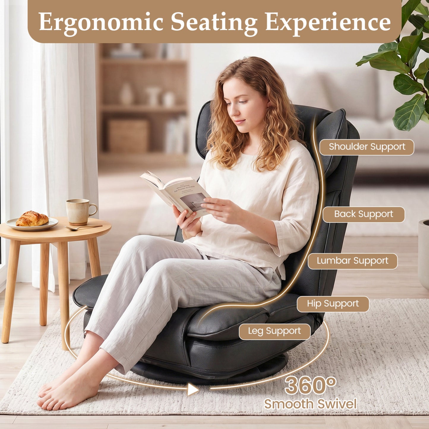 Swivel Floor Gaming Chair, Adjustable Backrest, Black Floor Chairs at Gallery Canada
