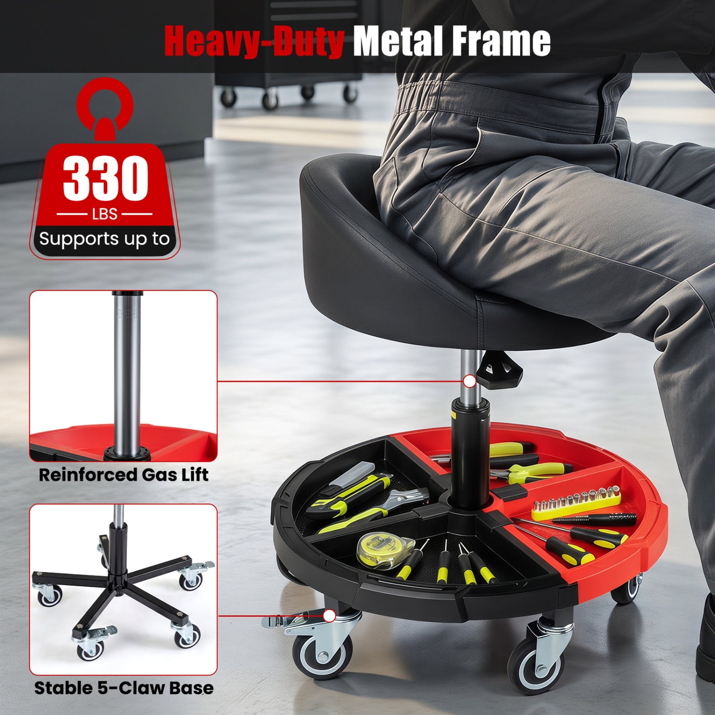 360° Rolling Mechanic Stool With Tool Tray, Red