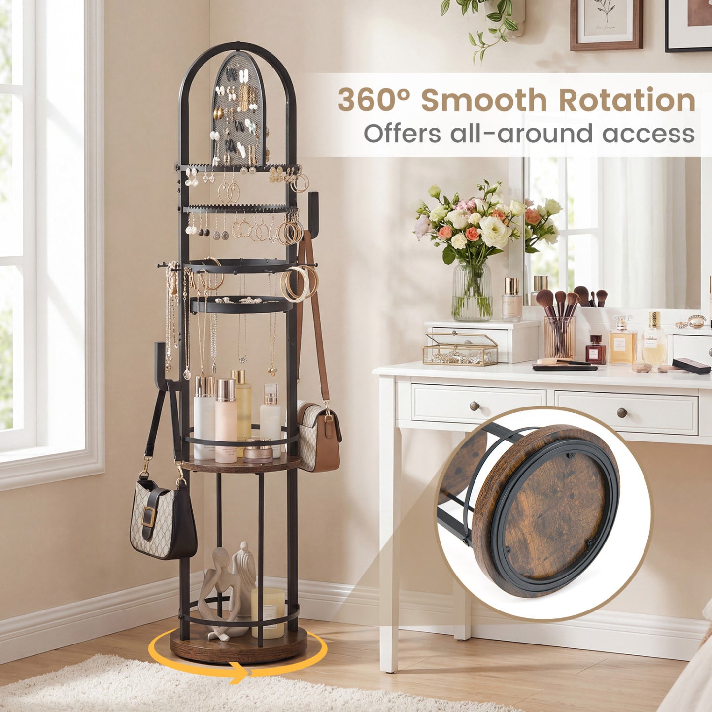 360° Rotating Jewelry Storage Rack, 3 Shelves, Brown Jewelry Armoires at Gallery Canada