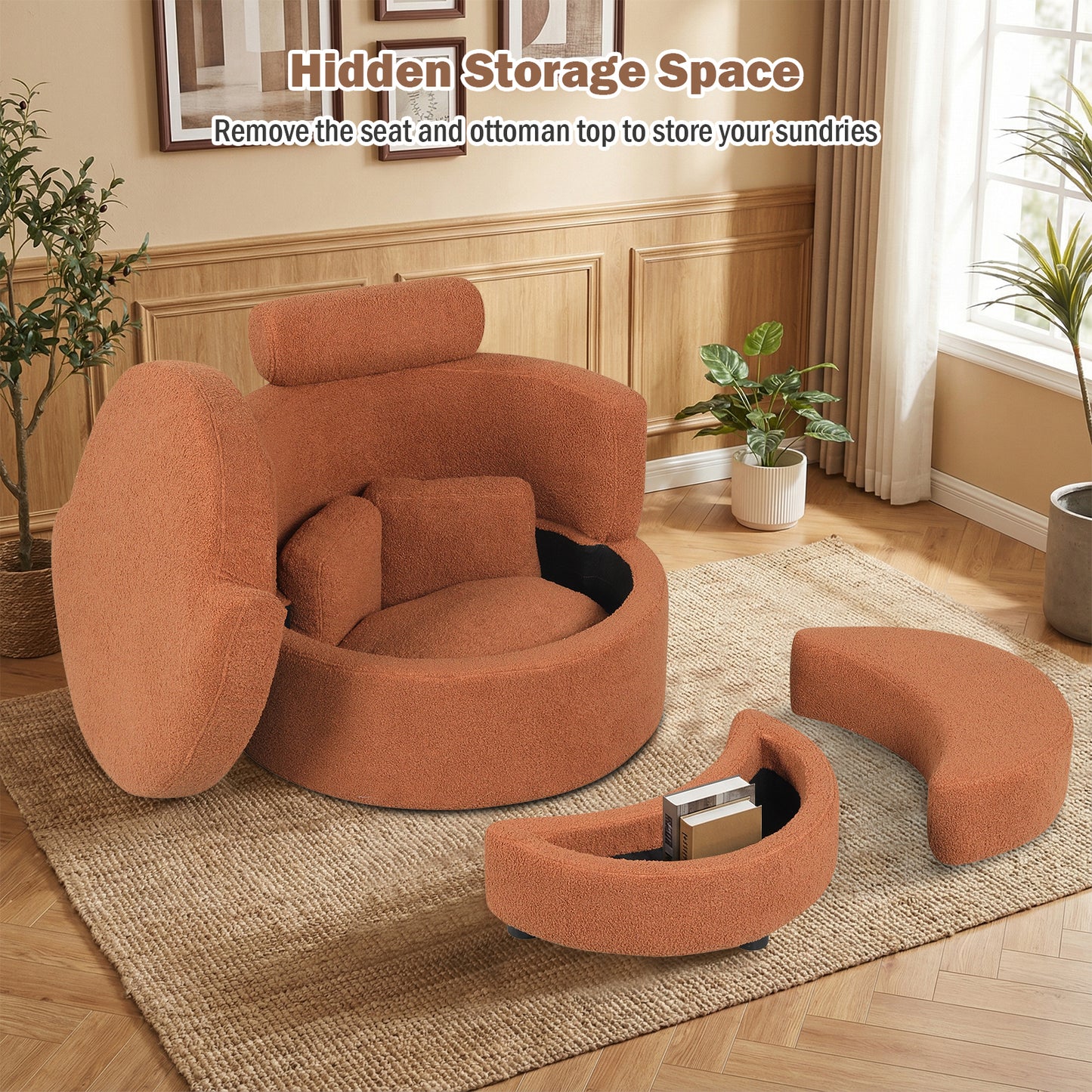 360° Swivel Accent Chair with Half Moon Storage Ottoman, Light Brown Accent Chairs at Gallery Canada