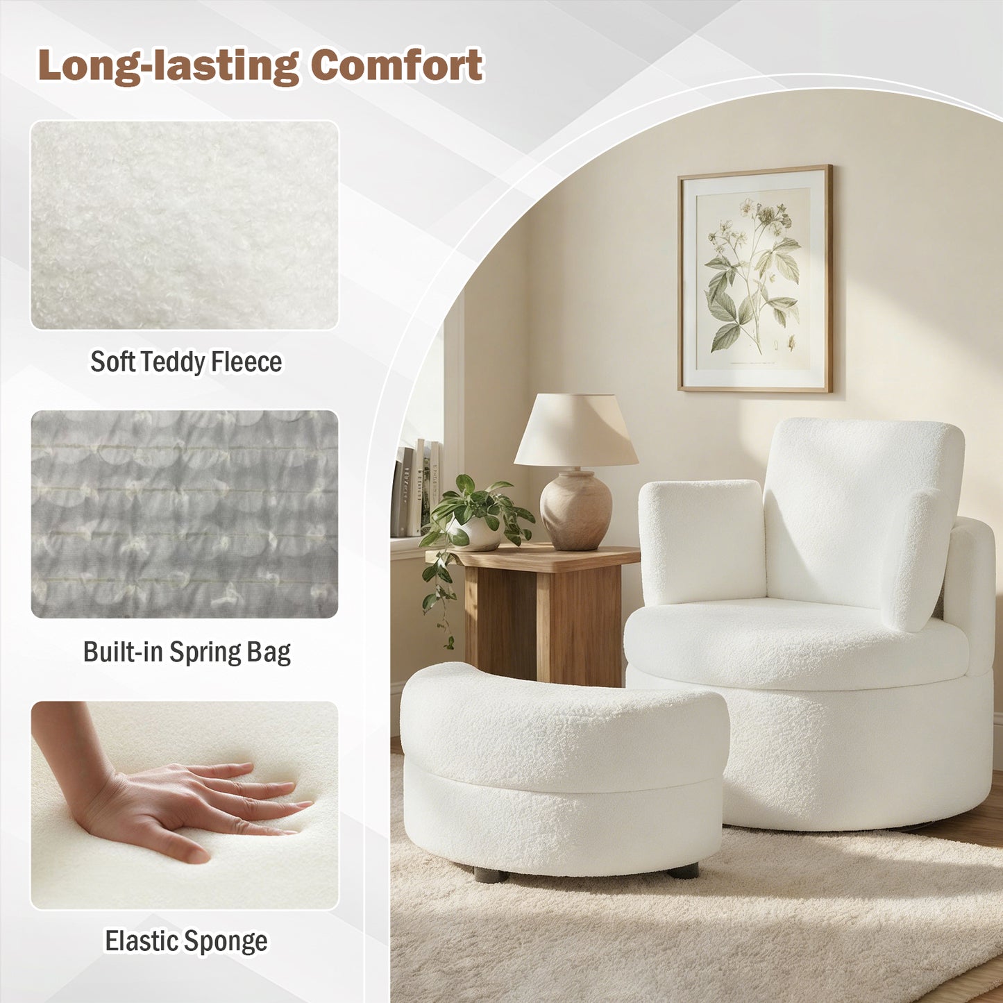 360° Swivel Accent Chair with Half Moon Storage Ottoman, White Accent Chairs at Gallery Canada