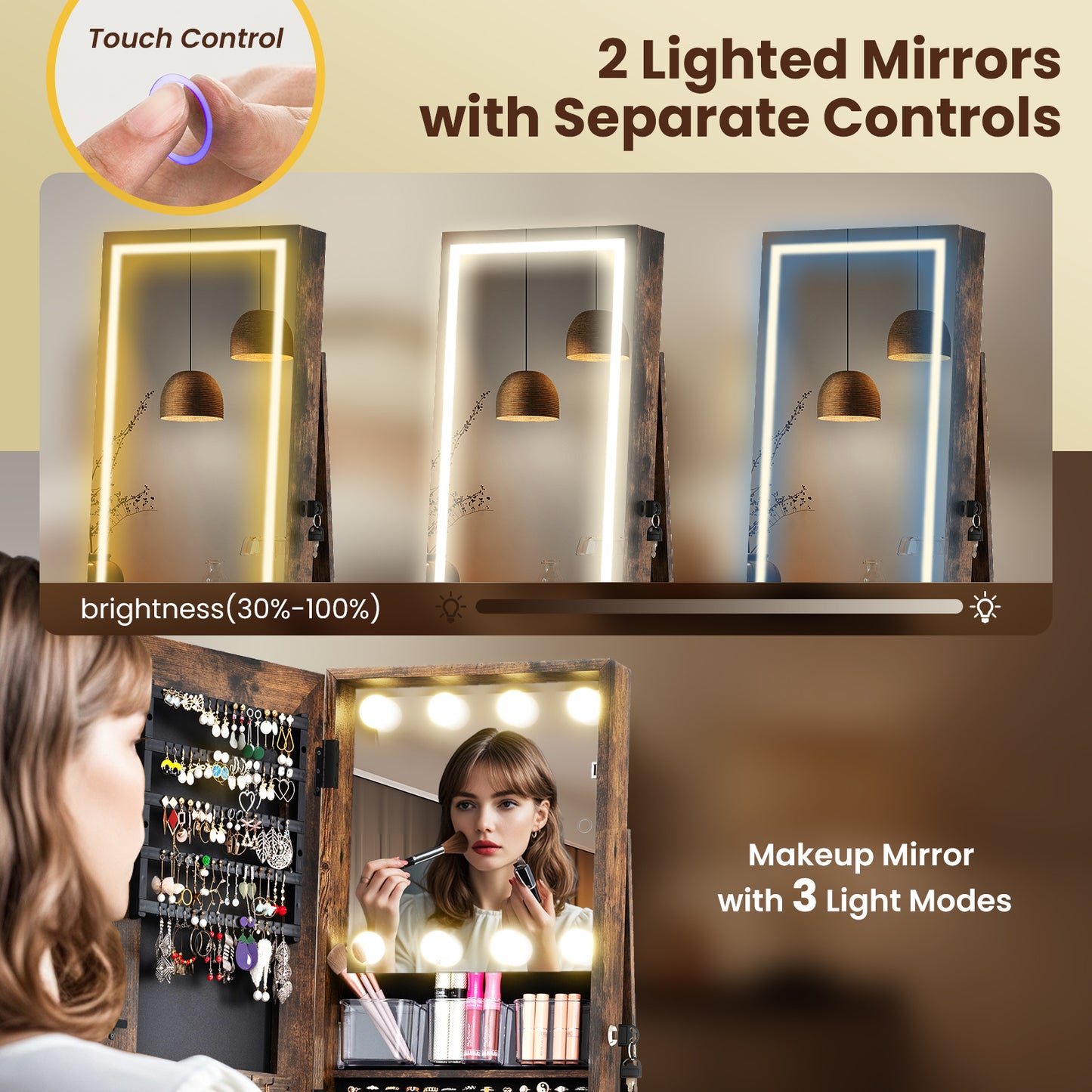 360° Swivel Freestanding Jewelry Cabinet, Lighted Full Length Mirror, Rustic Brown