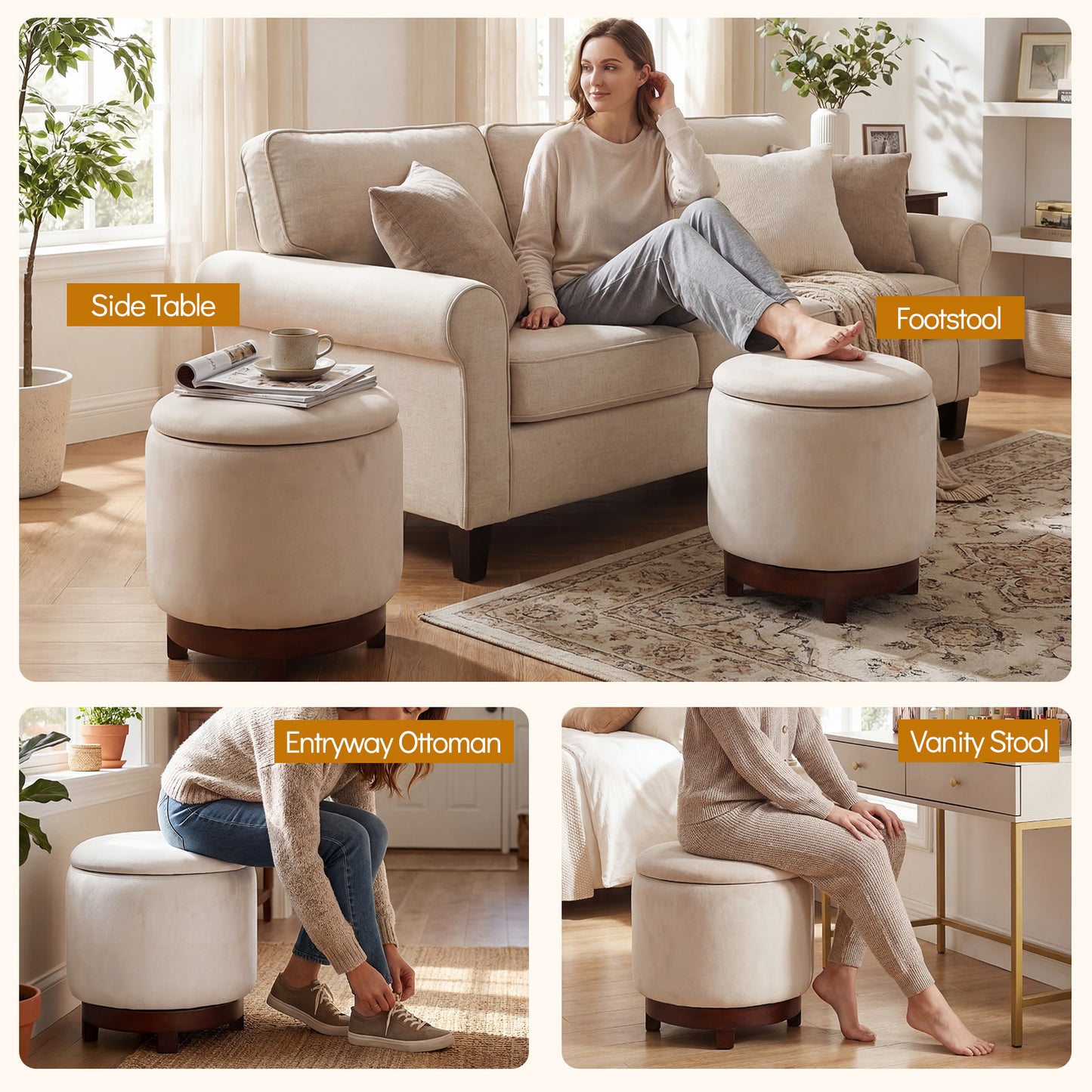 360° Swivel Velvet Foot Rest With Hidden Storage, White Ottomans at Gallery Canada