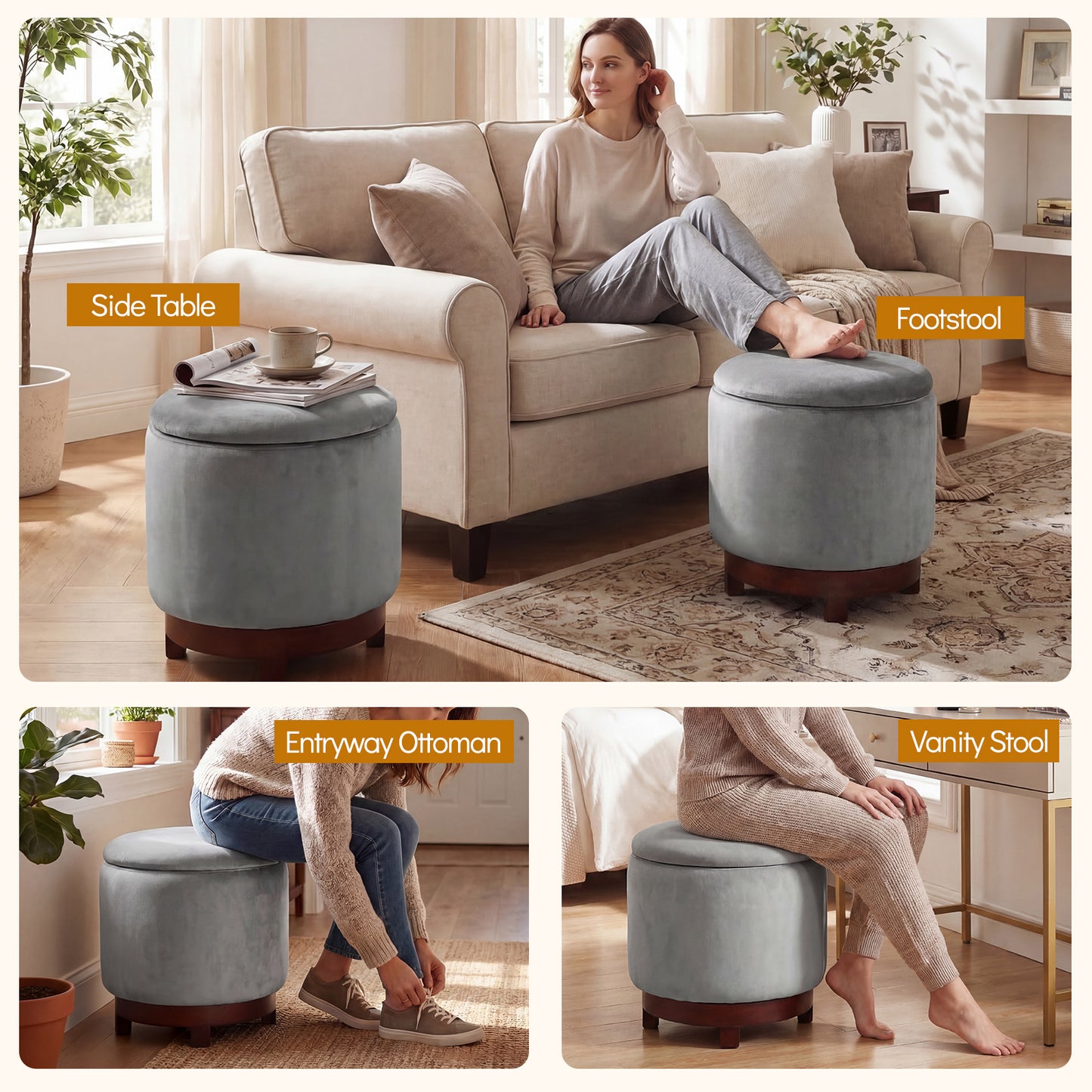 360° Swivel Velvet Foot Rest, Hidden Storage, Gray Ottomans at Gallery Canada