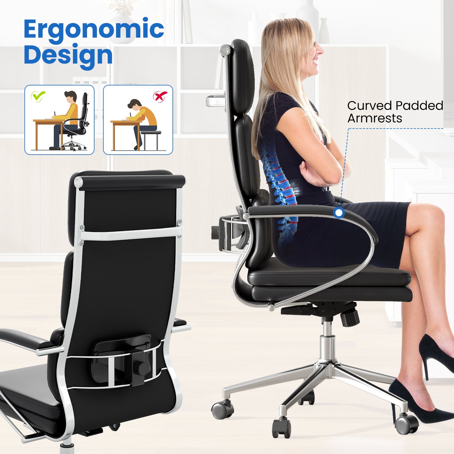 Ergonomic Leather Office Chair, Adjustable Height, Rocking Function, Black Ergonomic Chairs at Gallery Canada