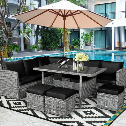 7-Piece Patio Rattan Dining Set, Sectional Sofa, Wicker Ottoman, Black Outdoor Sectionals Black at Gallery Canada