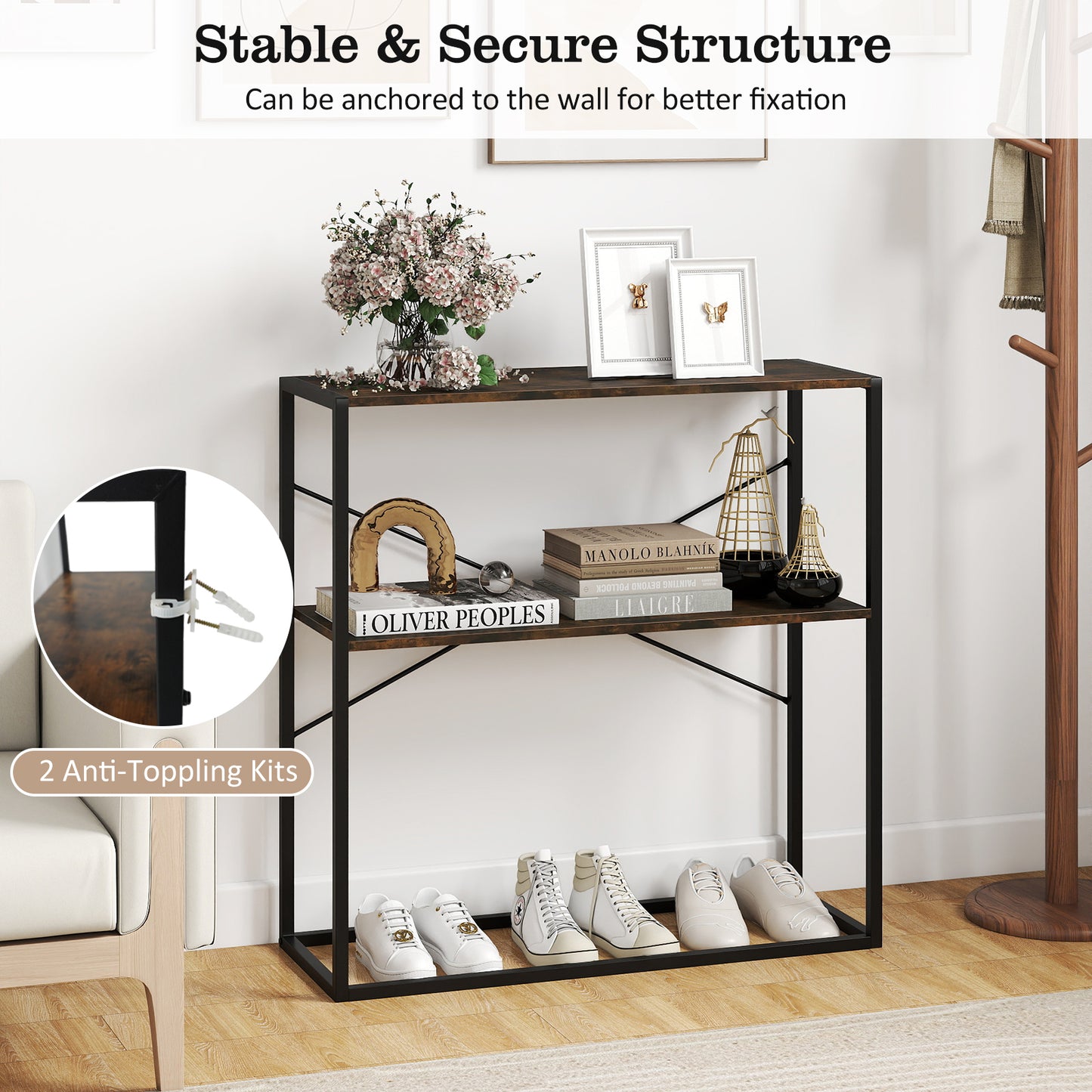 36" Console Table, 2-Tier Entryway, Wooden Shelves, Metal Frame, Rustic Brown Console Tables at Gallery Canada