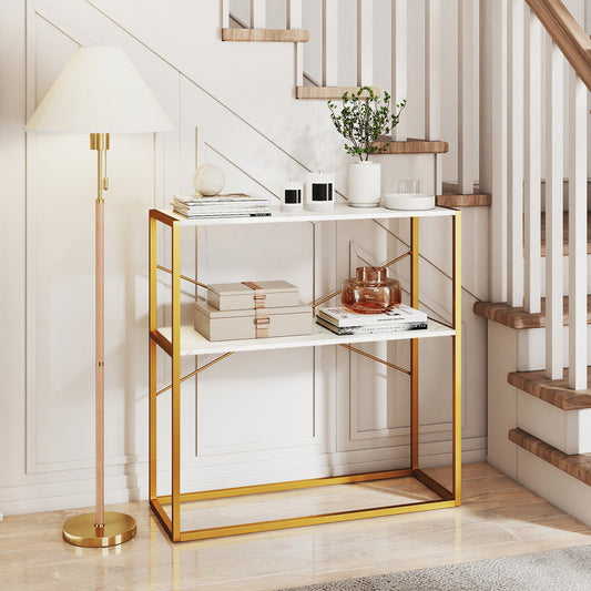 36" Console Table 2-Tier Entryway Table with Wooden Open Shelves and Metal Frame, White Console Tables White at Gallery Canada