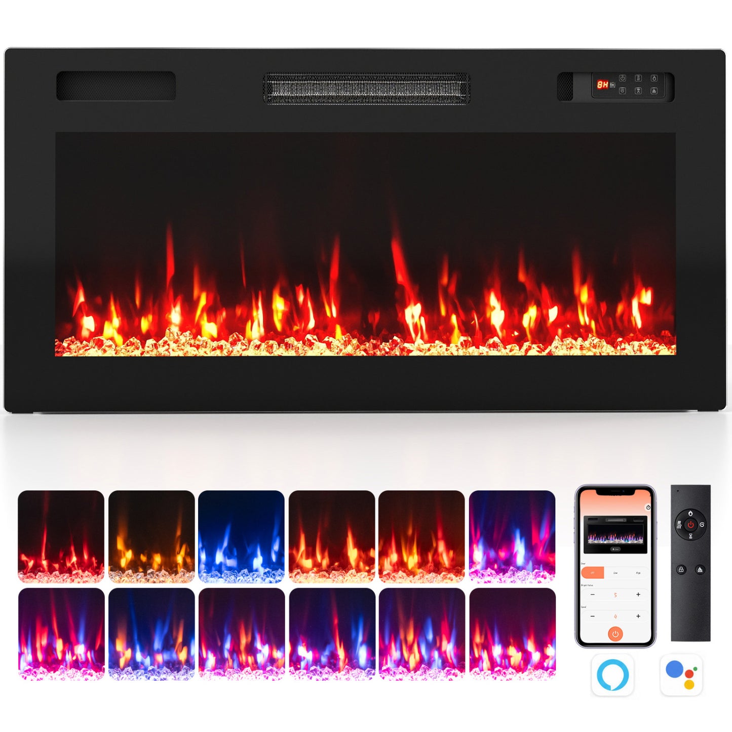 36 Inch Smart WiFi Electric Fireplace, Recessed, Wall Mounted