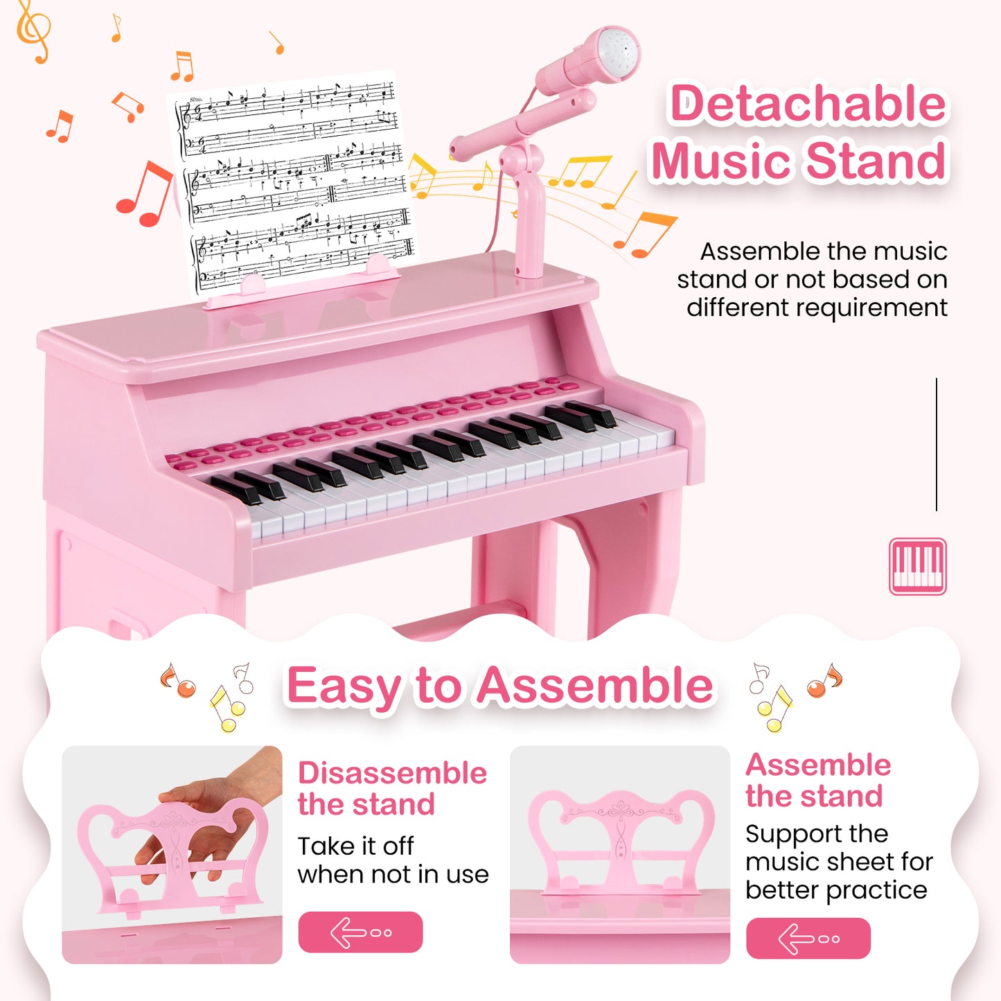37 Keys Music Piano with Microphone Kids Piano Keyboard with Detachable Music Stand, Pink Pianos & Keyboards at Gallery Canada