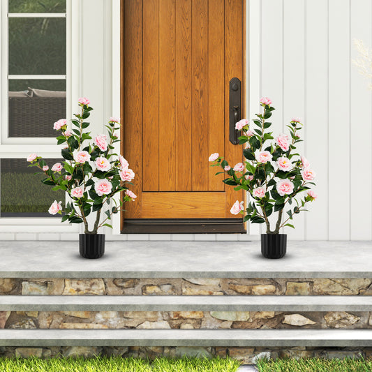 38 Inch Artificial Camellia Tree Faux Flower Plant in Cement Pot 2 Pack, Pink Faux Plants Pink at Gallery Canada
