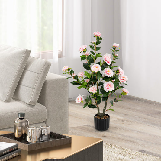 38 Inch Artificial Camellia Tree Faux Flower Plant in Cement Pot, Pink Faux Plants Pink at Gallery Canada
