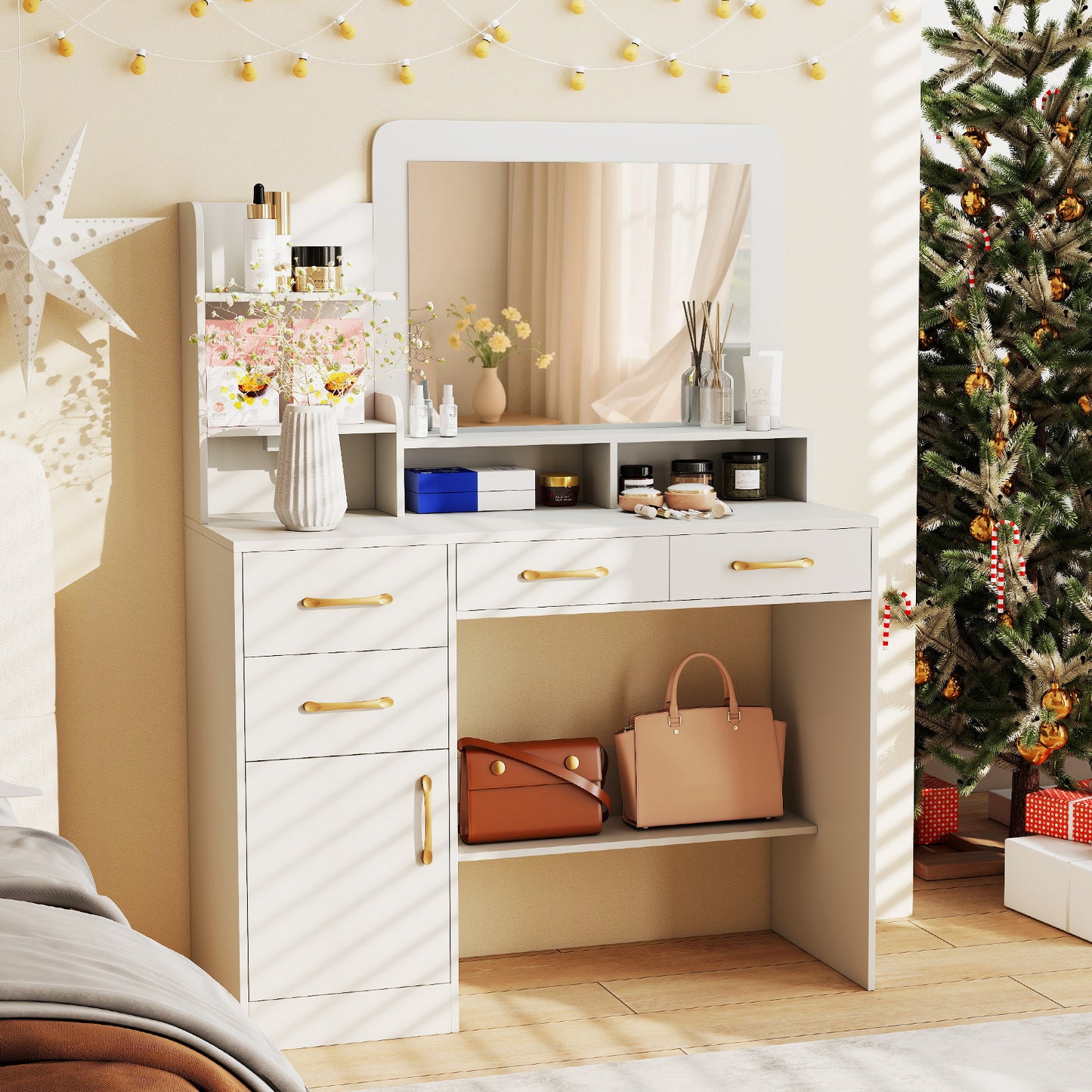 39.5 Inch Vanity Desk With Power Outlets And Mirror, White Kids Vanities at Gallery Canada