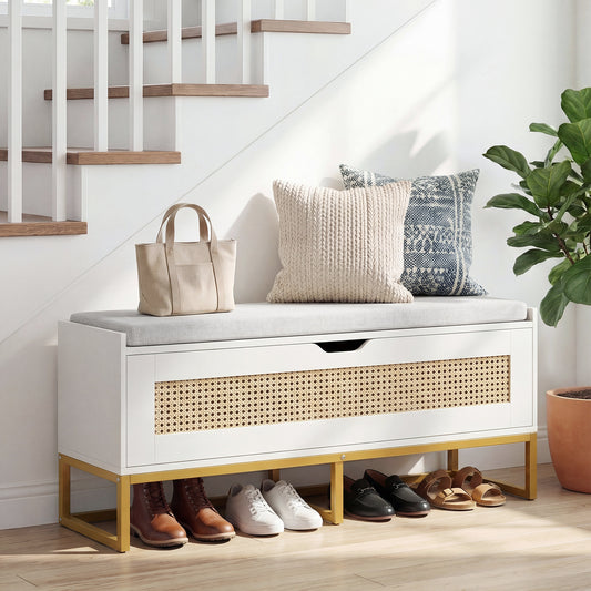 39.5" Rattan Storage Chest, Wicker Shoe Bench, Padded Seat Flip-Top, White Shoe Racks & Storage Benches White at Gallery Canada