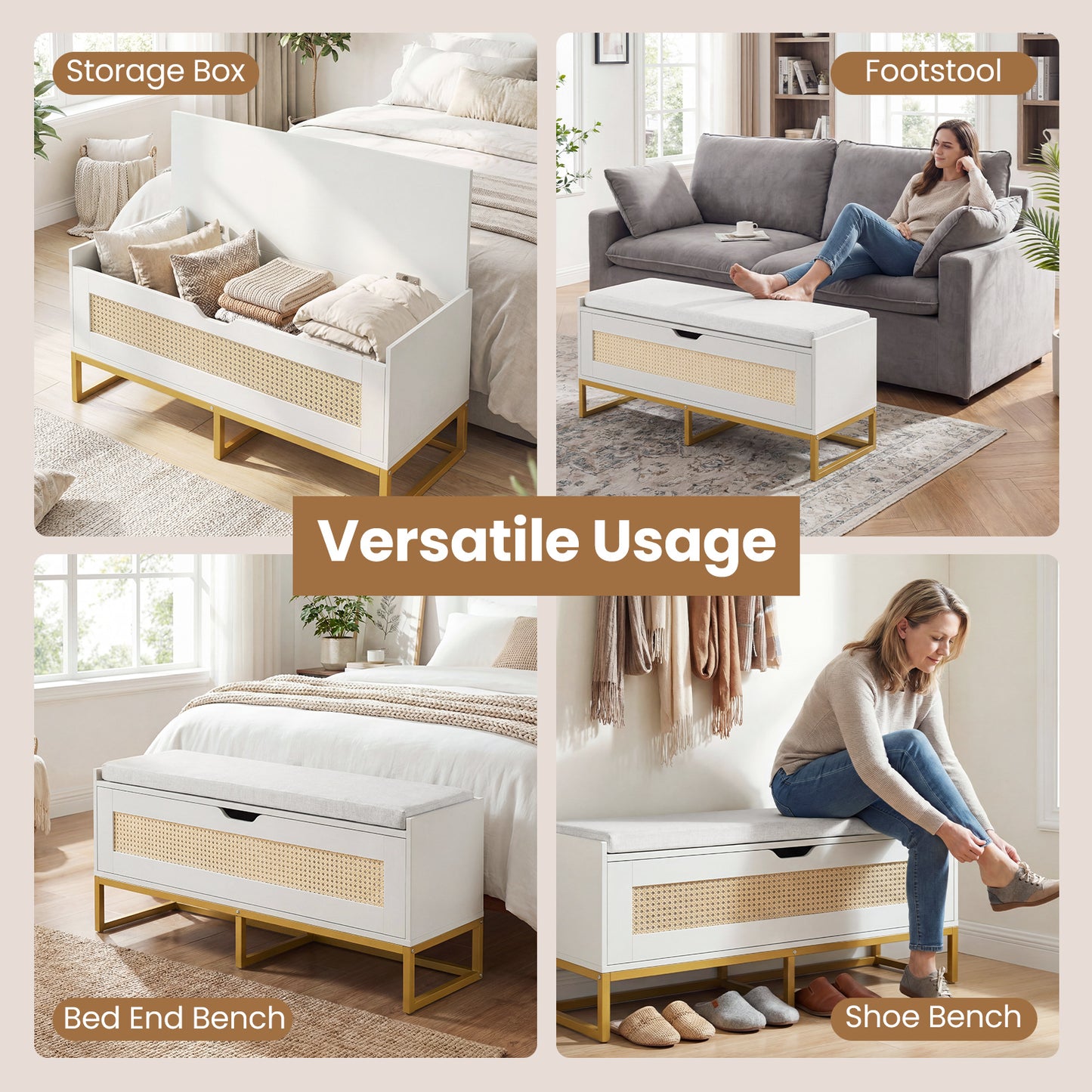 39.5" Rattan Storage Chest, Wicker Shoe Bench, Padded Seat Flip-Top, White Shoe Racks & Storage Benches at Gallery Canada