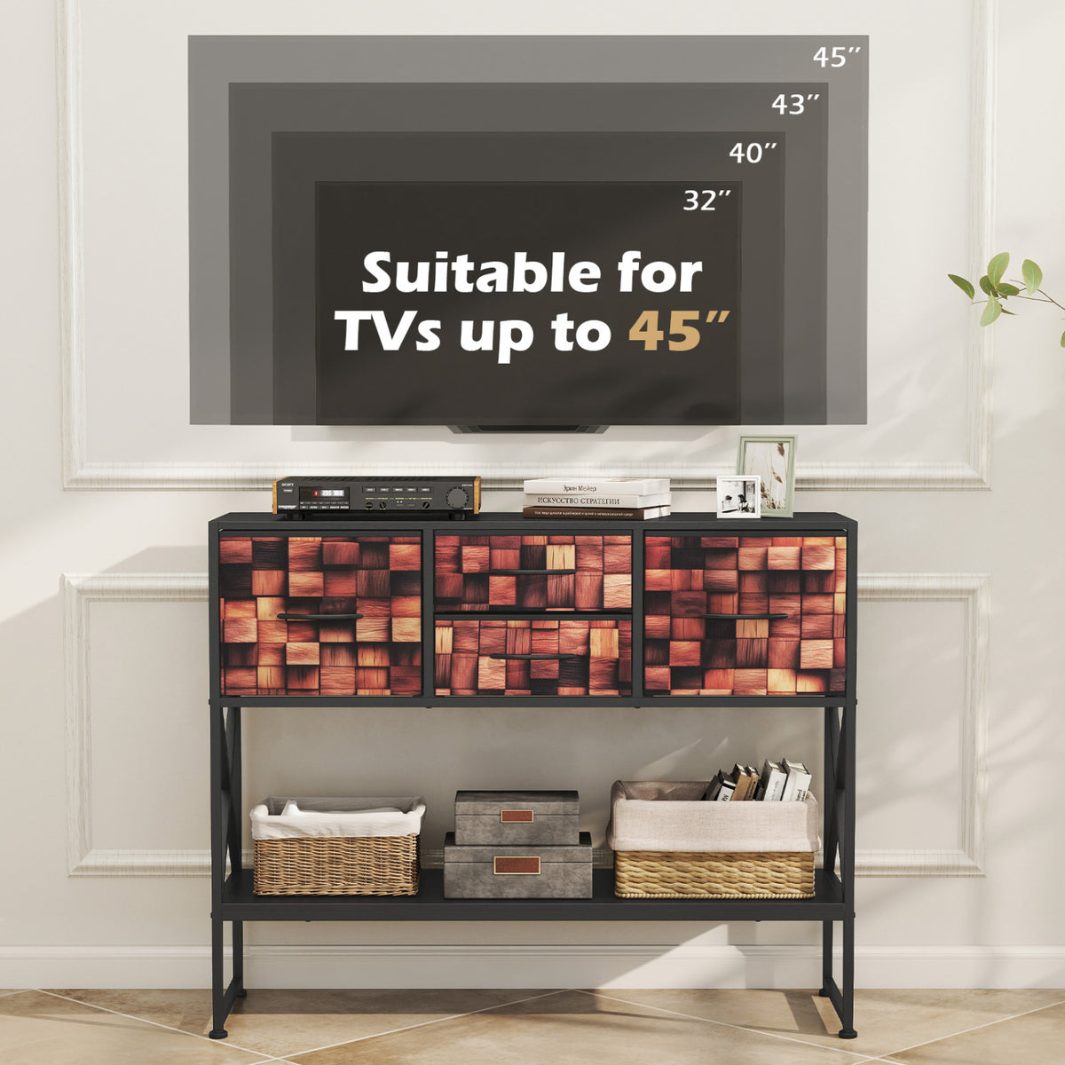 Table console "39", 4 tiroirs en tissu, étagère ouverte, noir