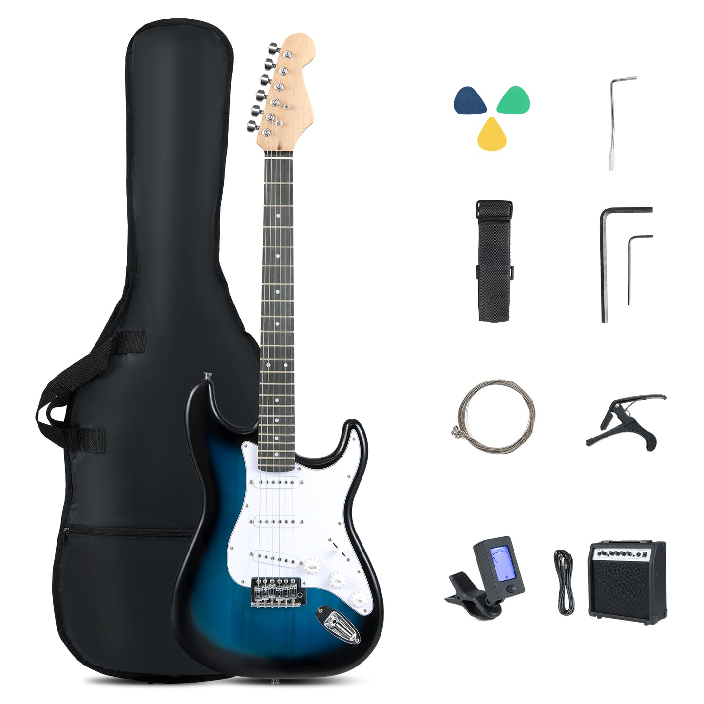 39 Inch Full Size Electric Guitar Beginner Kit with Amplifier for Starter, Blue
