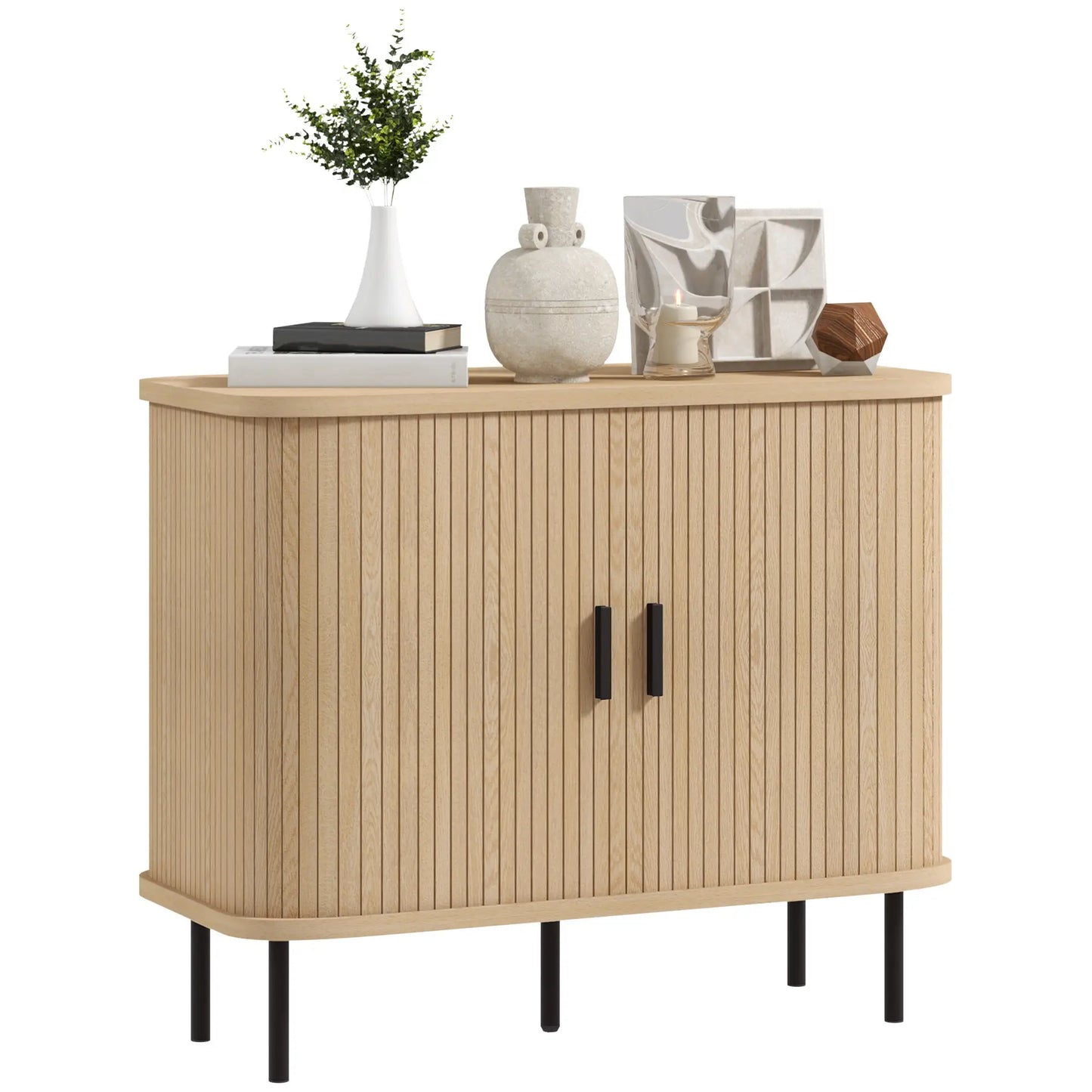 35.4" Sideboard Buffet Cabinet, Nordic Coffee Bar, Slatted Tambour Doors, Oak Storage Cabinets at Gallery Canada