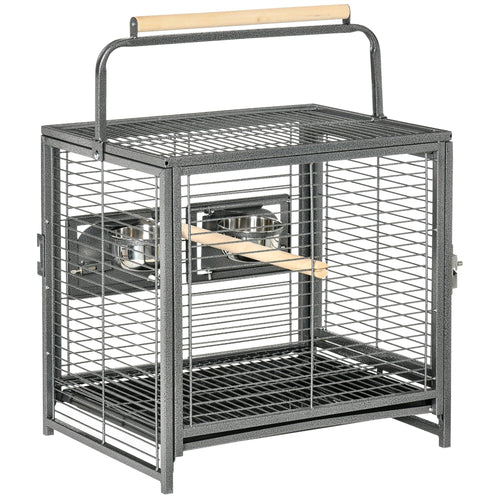 Bird Travel Carrier Cage for Parrots Conures African Grey Cockatiel Parakeets with Stand Perch, Stainless Steel Bowls, Pull Out Tray, Black