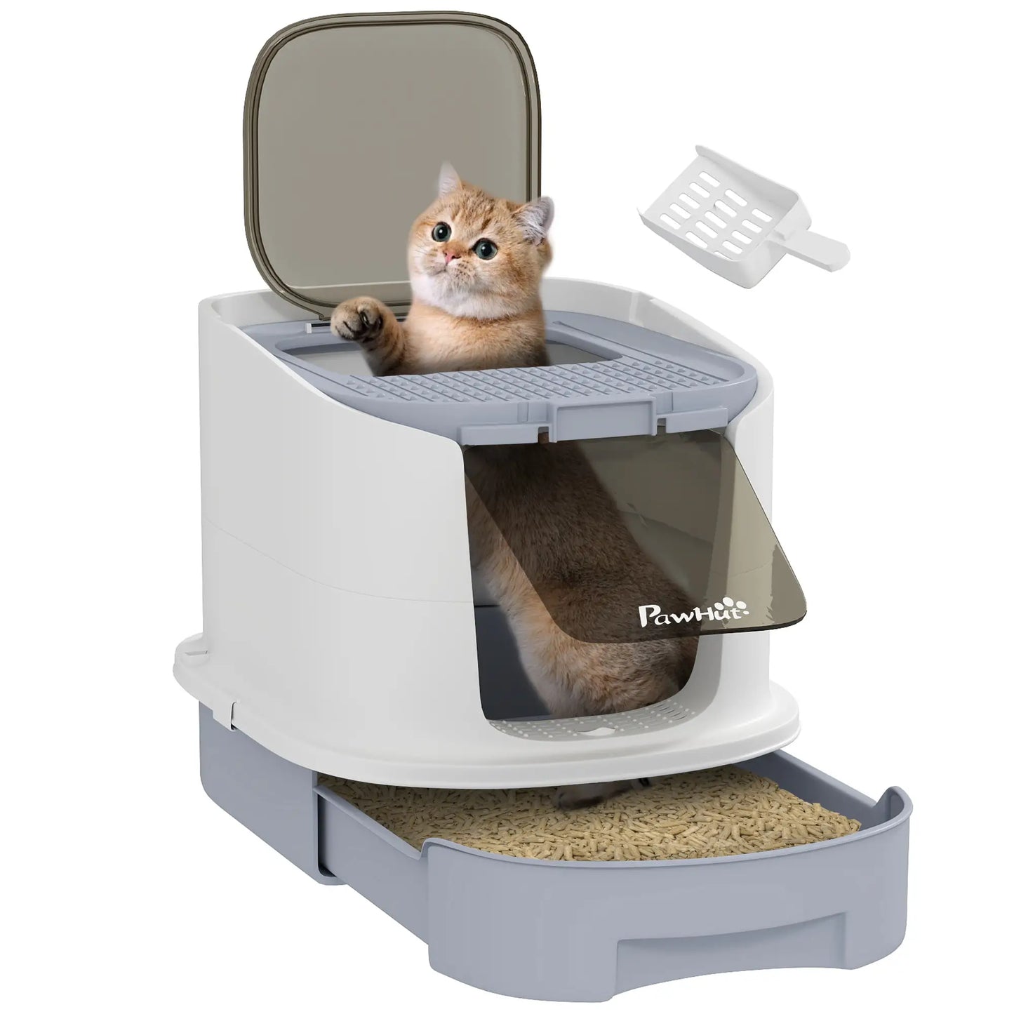 Enclosed Cat Litter Box with Lid, Scoop, Top Entry, Grey Cat Litter Box Enclosures at Gallery Canada