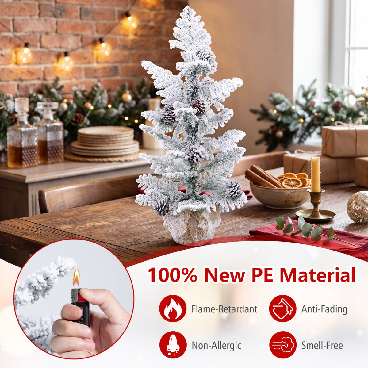 Sapin de Noël miniature de table 3FT, feuilles de palmier en PE enneigées, vert