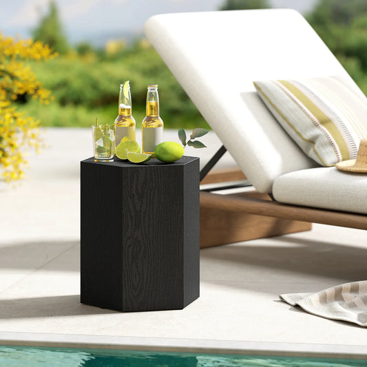 Hexagonal Side Table, Small with 4 Adjustable Feet, Indoor Outdoor, Black Side Tables Black Wood Grain at Gallery Canada
