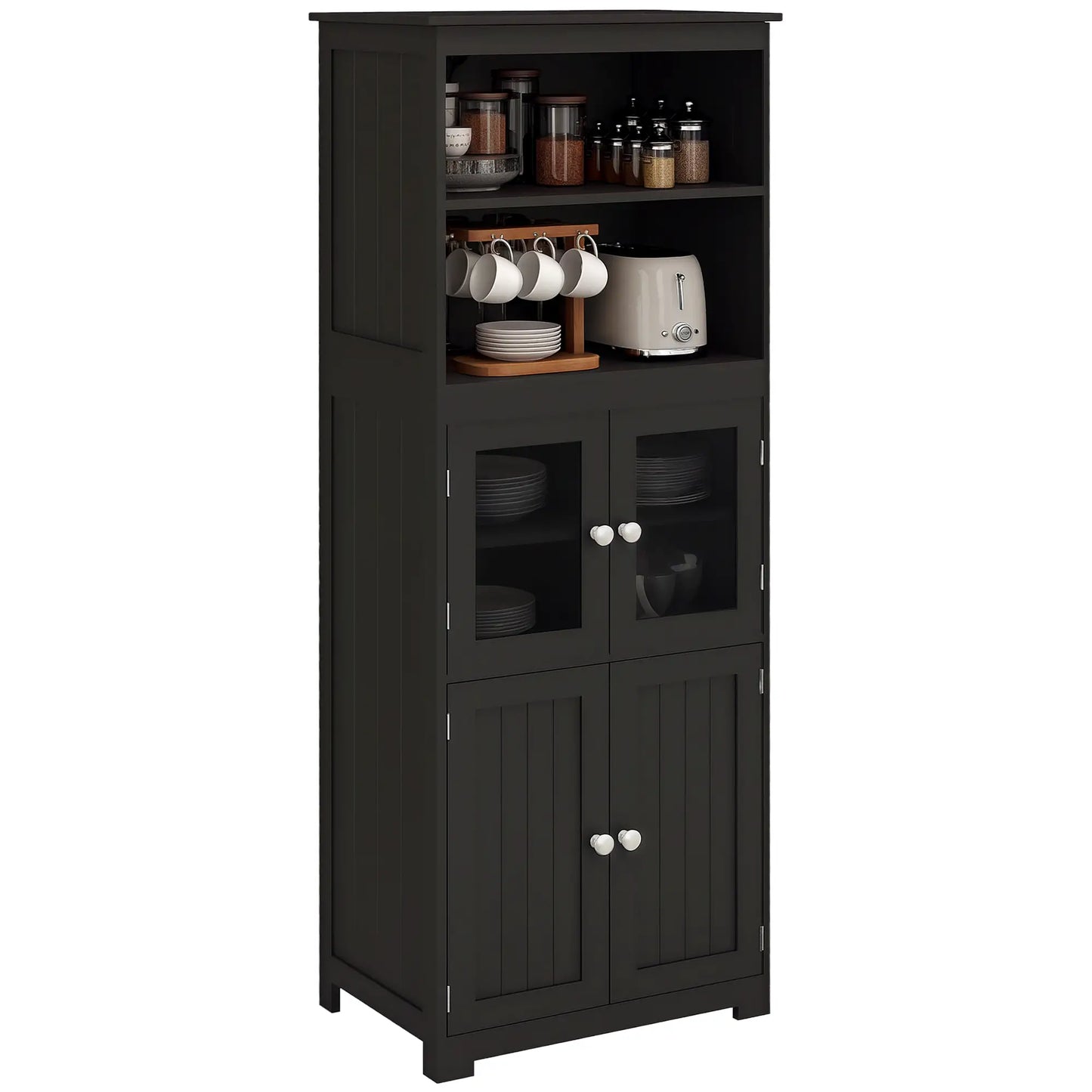 63" Small Buffet with Hutch, 4-Door Kitchen Pantry Cabinet, Black Kitchen Pantry Cabinets at Gallery Canada