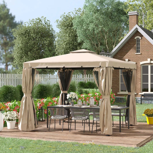 Deck Gazebo with Curtains, Mesh Screen, 10ft x 10ft, Khaki