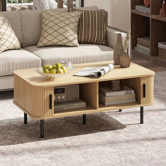 Coffee Table with Storage, Nordic Side Table, Slatted Tambour Doors, Steel Legs, Oak Coffee Tables Oak at Gallery Canada
