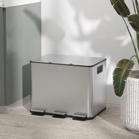 Triple Garbage Bin, Soft Close Trash Can, 3 x 20 Liter, Silver Household Supplies Silver at Gallery Canada