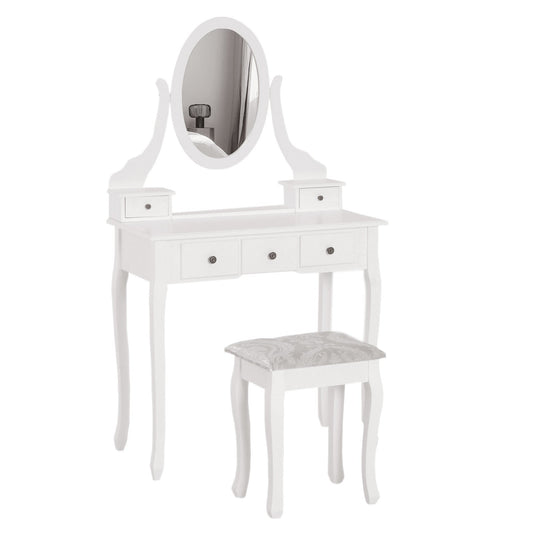 Wooden Vanity Table Set, Makeup Dressing Table with 360° Rotating, 5 Drawers and Padded Stool, White - Gallery Canada