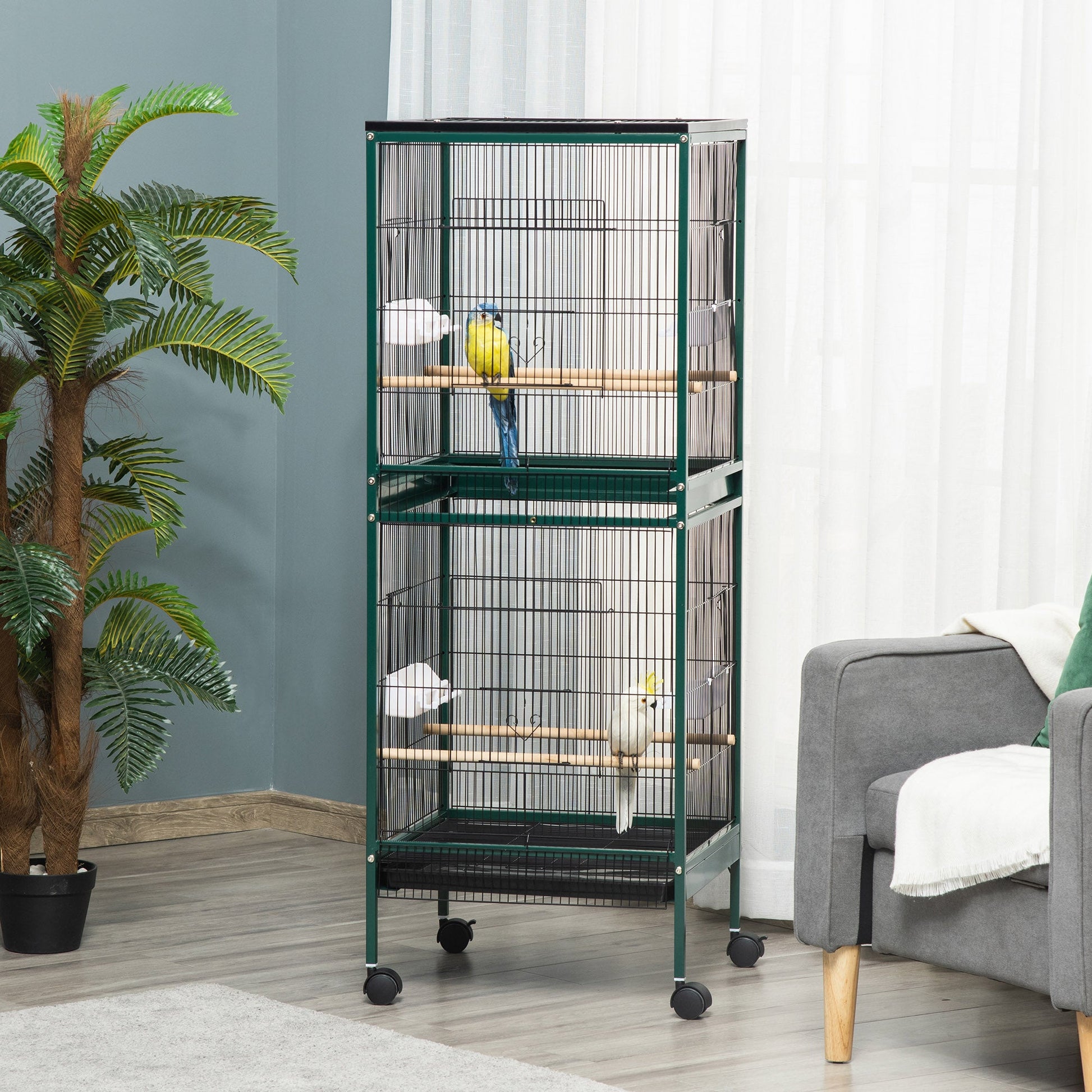 55.1" 2 In 1 Bird Cage Aviary Parakeet House for finches, budgies with Wheels, Slide-out Trays, Wood Perch, Green at Gallery Canada