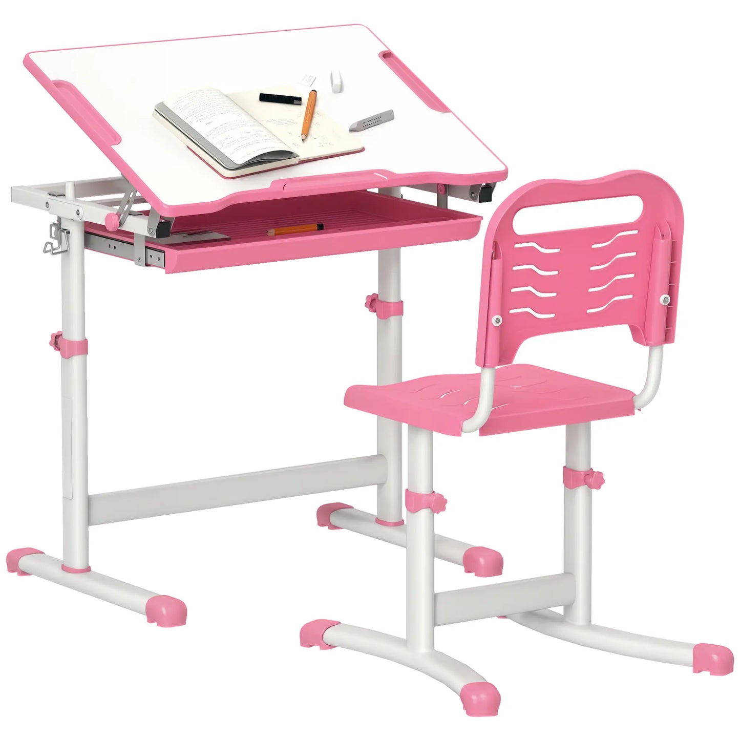 Adjustable Study Table, Chair Set with Drawer, Pink