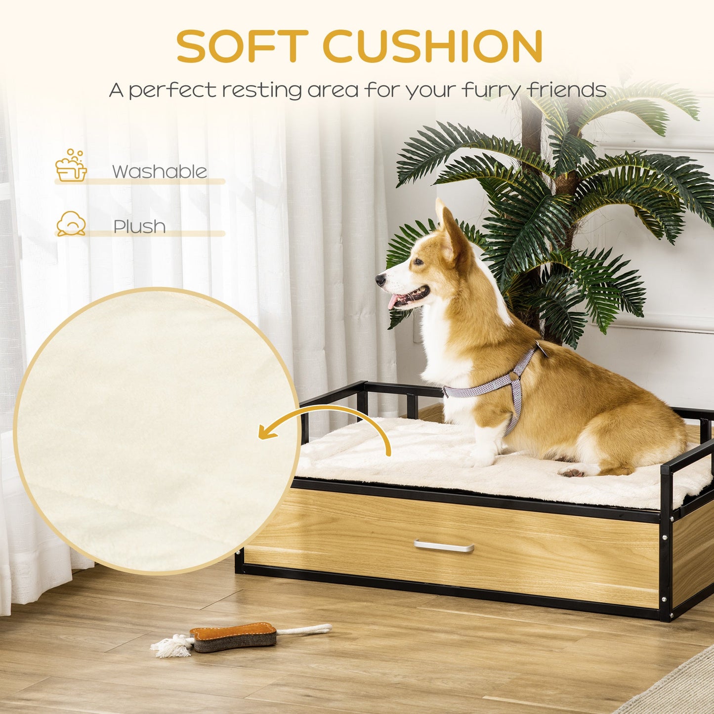 39.25" Elevated Dog Bed, Furniture Style Pet Couch, Soft Modern Puppy Sofa, with Storage Drawer, Washable Cushion, Steel Frame, for Medium Dogs, Oak at Gallery Canada