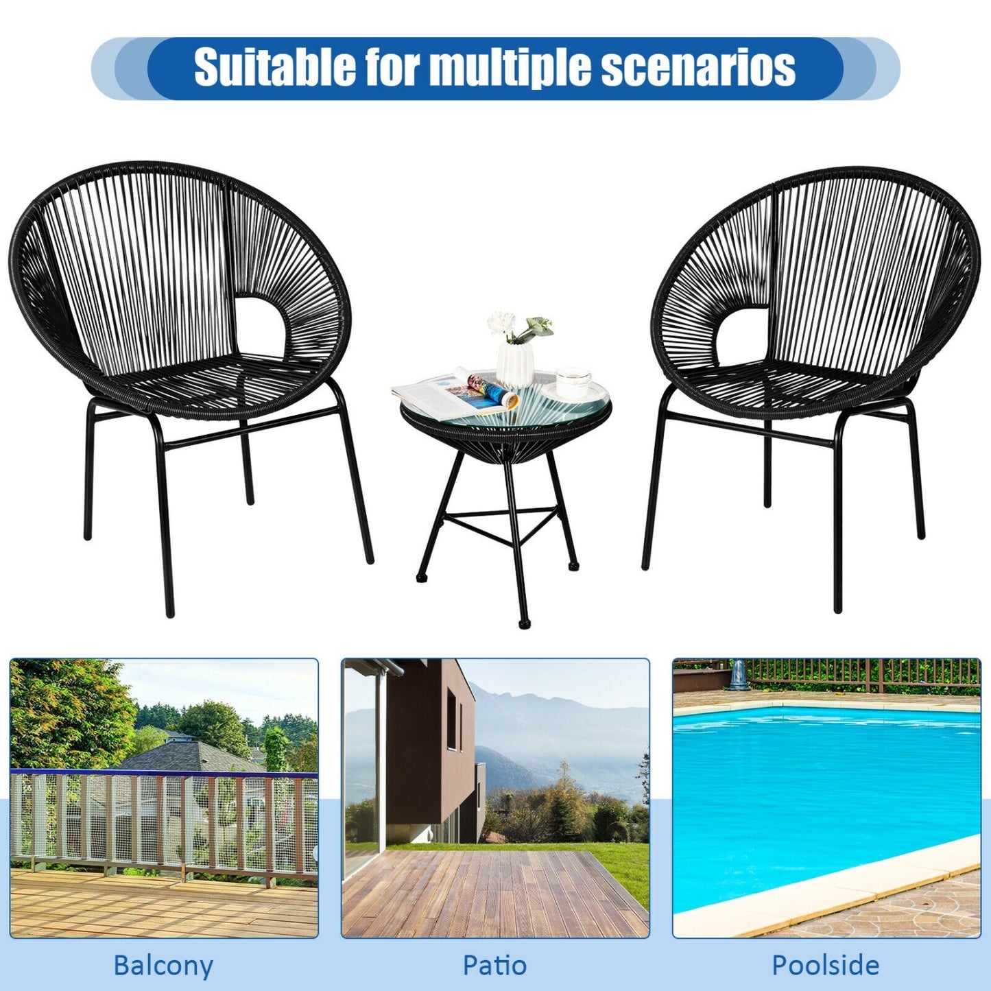 3PCS Patio Acapulco Bistro Set, Glass Table, Black Patio Conversation Sets at Gallery Canada