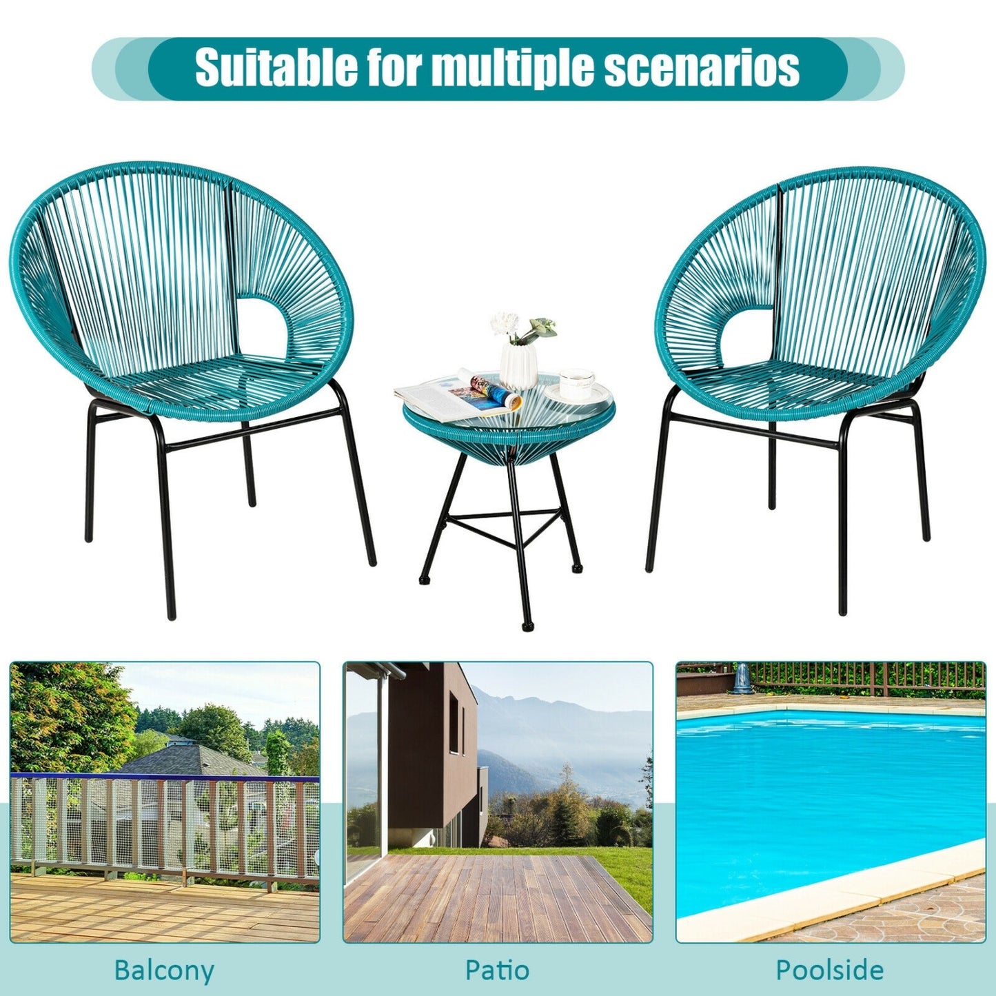 3PCS Patio Acapulco Bistro Set, Glass Table, Turquoise Patio Conversation Sets at Gallery Canada