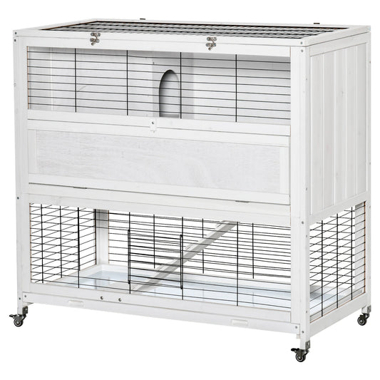 42.5" Wooden Rabbit Hutch Indoor with Wheels, Bunny Cage with Openable Roof, Hut, Slide-out Tray, Ramp, White - Gallery Canada