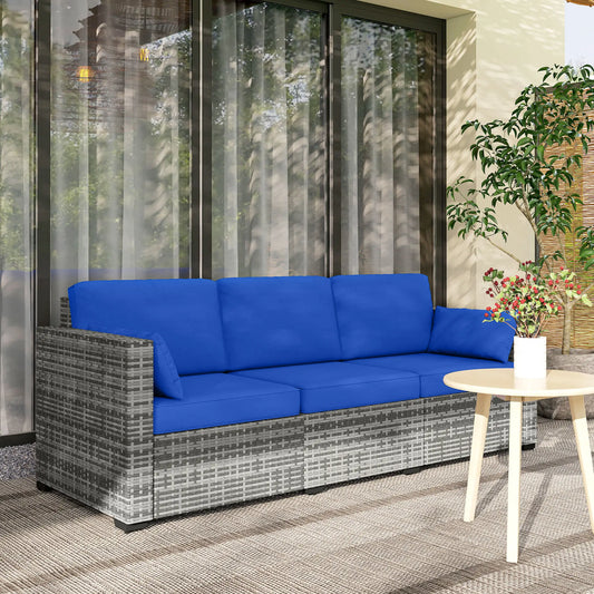 3-Seater Outdoor Sofa With Cushions, PE Rattan, Blue Patio Furniture Sets Blue, Grey at Gallery Canada